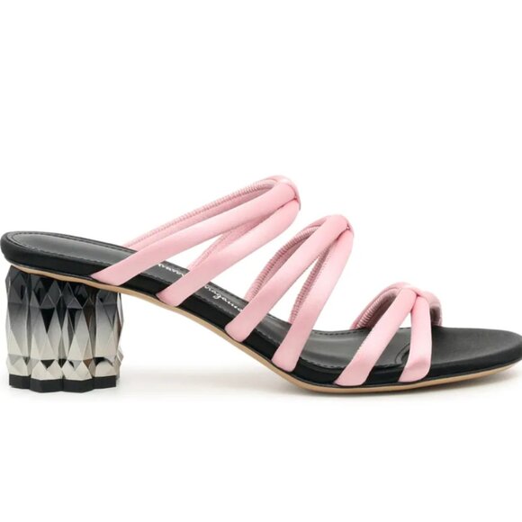 Ferragamo Amalia 55 Satin Strappy Mules With Refracted Fiore Heel In Pink - Picture 3 of 3